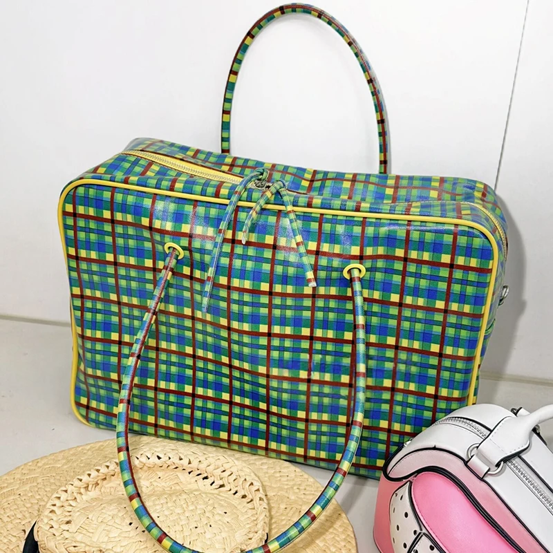 Karierte Schultertasche, Damen-Tragetasche mit großem Fassungsvermögen, minimalistische gelb-grüne Colorblock-Reisetasche mit Tragegriff – Detail 14