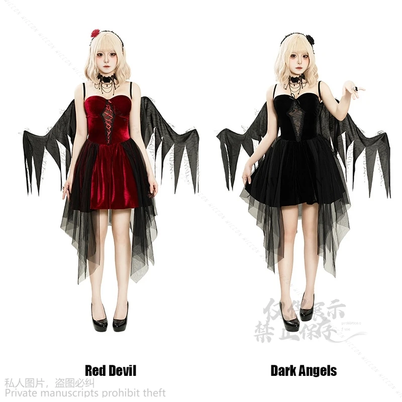 Anime Red Devil Cosplay Lolita Dress Dark Angle Roleplay Witch Cos Sexy Dark Red Leather Dress Women Halloween Costume Party Set