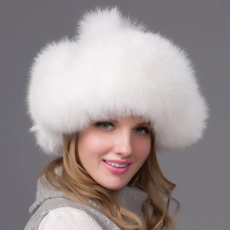 

SHOWERSMILE Bomber Hat Real Fox Fur with Pom Pom Ushanka Hats for Women Earflaps White Winter Warm Female Outdoor Thick Snow Hat