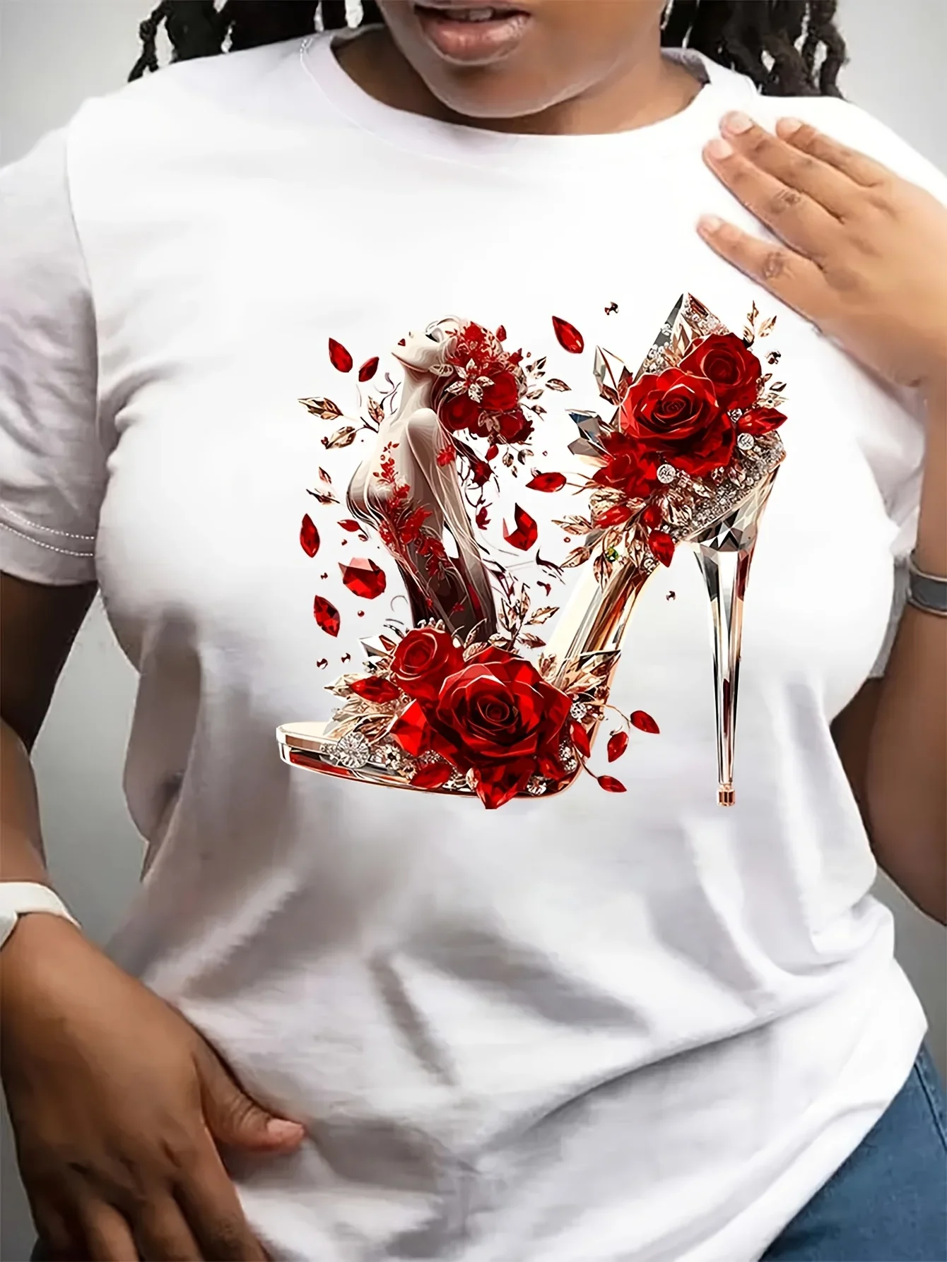 New Sleeve Crew Neck Vibrant Crystal High Heel Rose Graphic Print Women's T-Shirt Urban Style Printed Design in Vibrant S-5xl