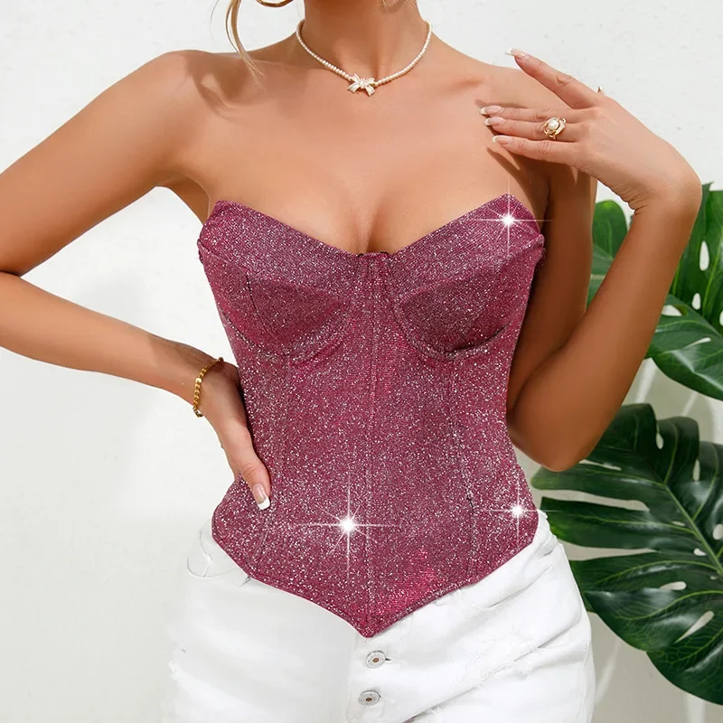 

New 2024 Sexy Nightclub Sparkling Strapless V-neck Crop Top Female Fashion 2000s Aesthetic Fishbone Waist Strap Corset Top Women