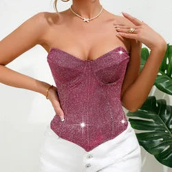 New 2024 Sexy Nightclub Sparkling Strapless V-neck Crop Top Female Fashion 2000s Aesthetic Fishbone Waist Strap Corset Top Women