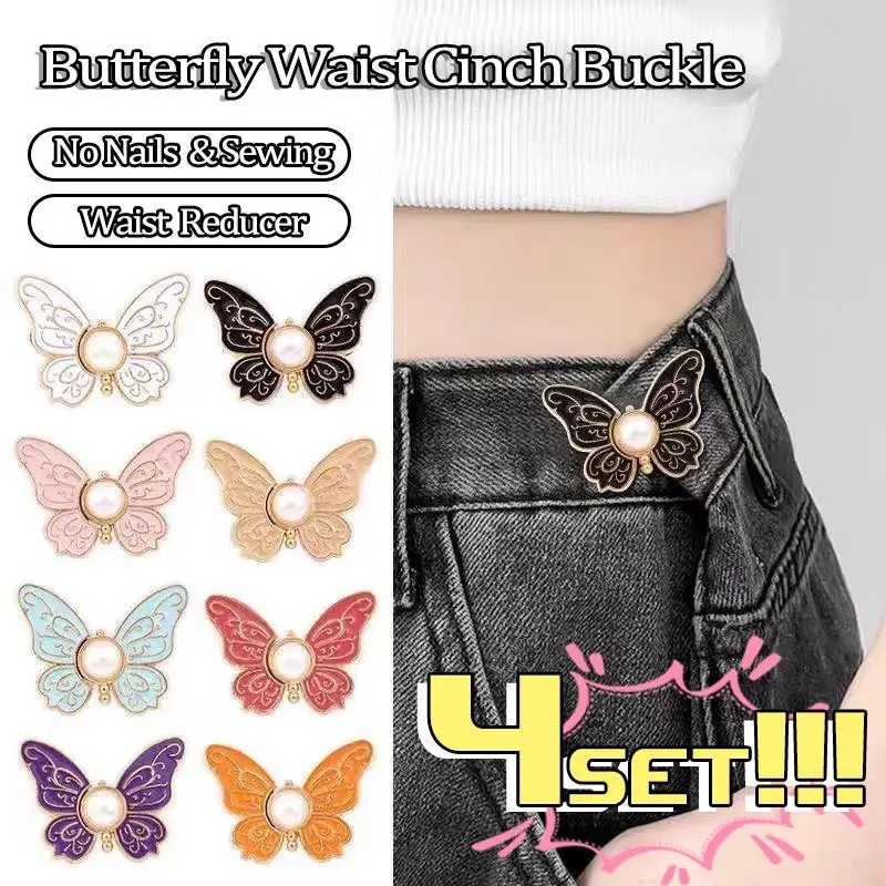 4Set Butterfly Jeans Button Adjustable Clips for Pants Skirt Waist Tightener Buckle Button Adjuster Pants Pin Retractable Button