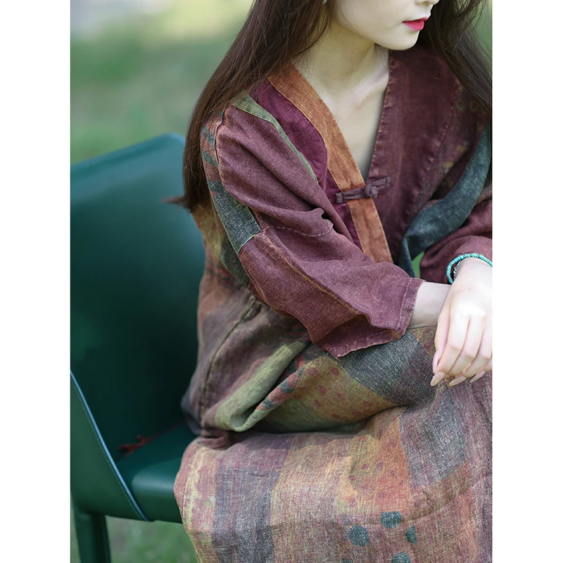 25 New Arrival Summer Arts Style Women Loose Fit Casual A-line Vintage Dress Patchwork Three Quarter Sleeve Mid-calf Dresses T02