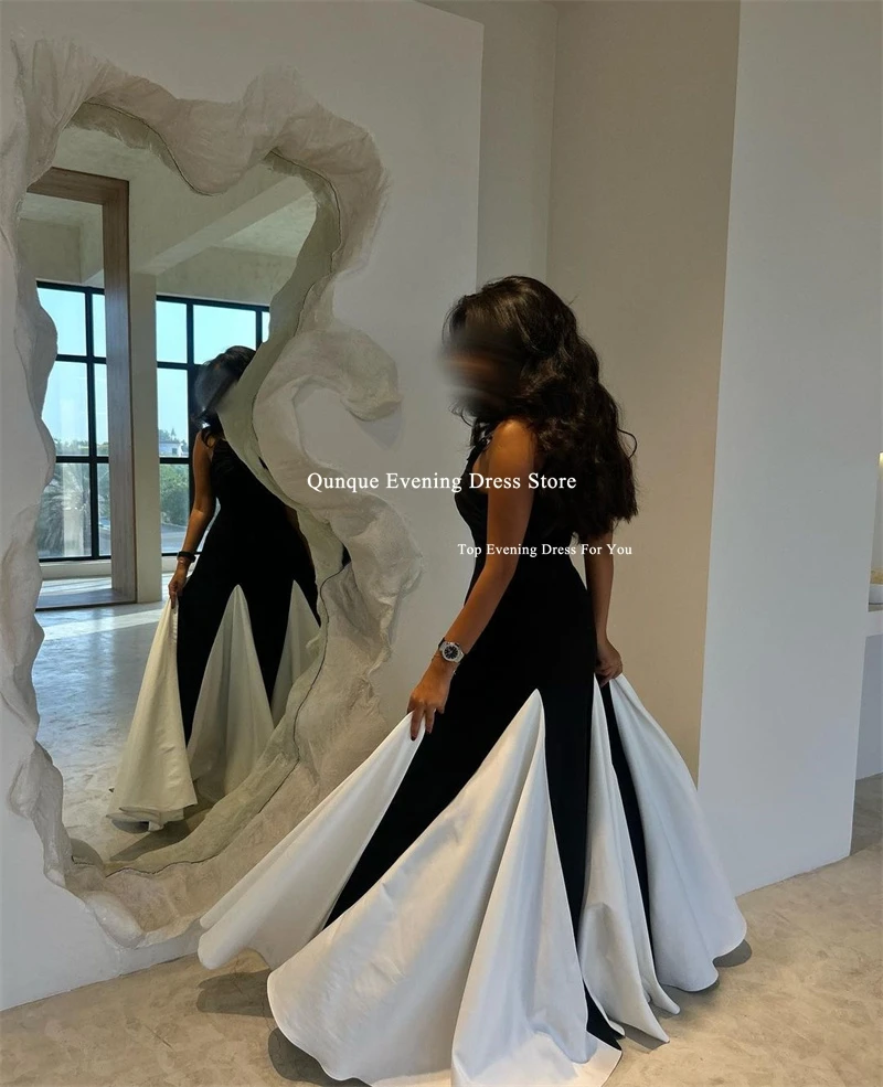 Qunque Simple Black White Evening Party Dresses Vestidos De Gala Lady Strapless Silk Satin Prom Gowns Customized Robe De Soiree