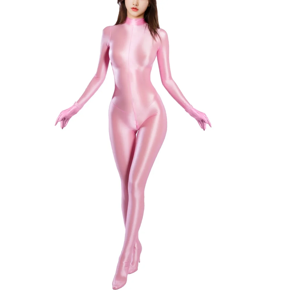 Tight Elastic Women Long Sleeved Jumpsuit with Gloves Smooth Perspective Jumpsuit Sexy Nightclub Pole Dance Performance Outfit
