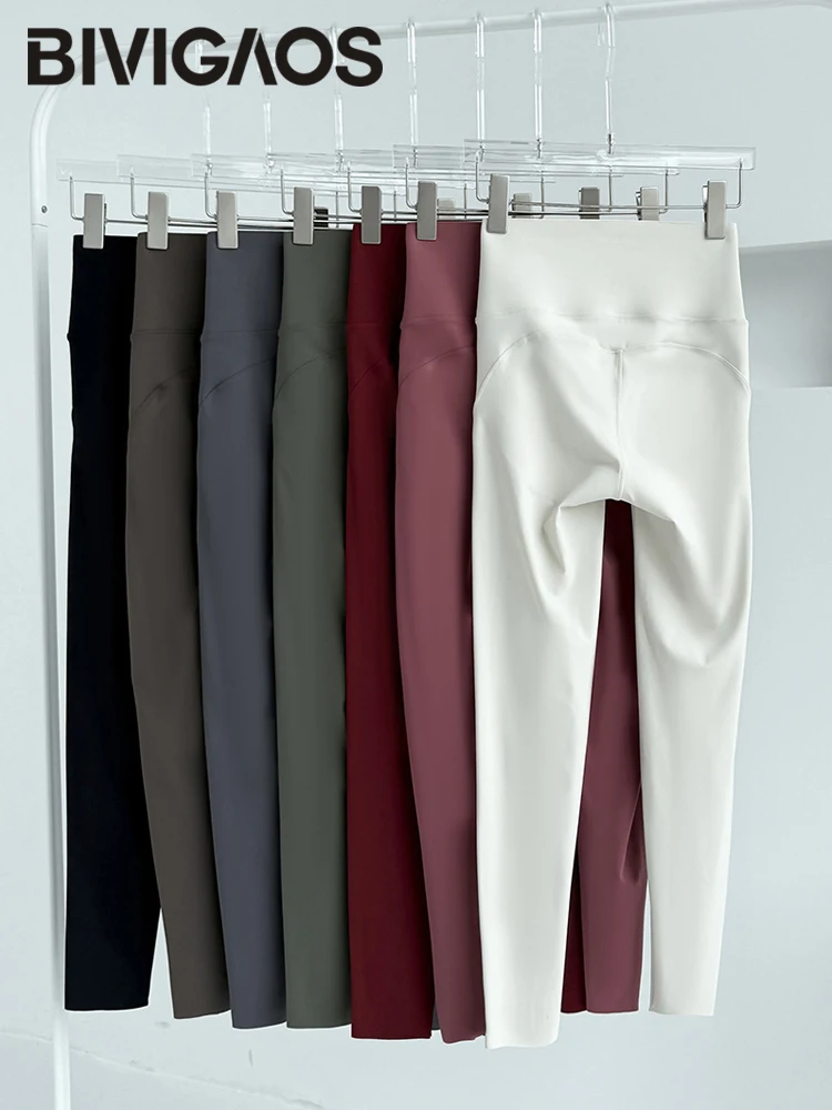 BIVIGAOS ฤดูใบไม้ร่วงฤดูใบไม้ผลิใหม่ Sharkskin กีฬากางเกงขายาวผู้หญิงเอวสูง Butt Lifter กระชับฟิตเนสโยคะ Push Up Leggings