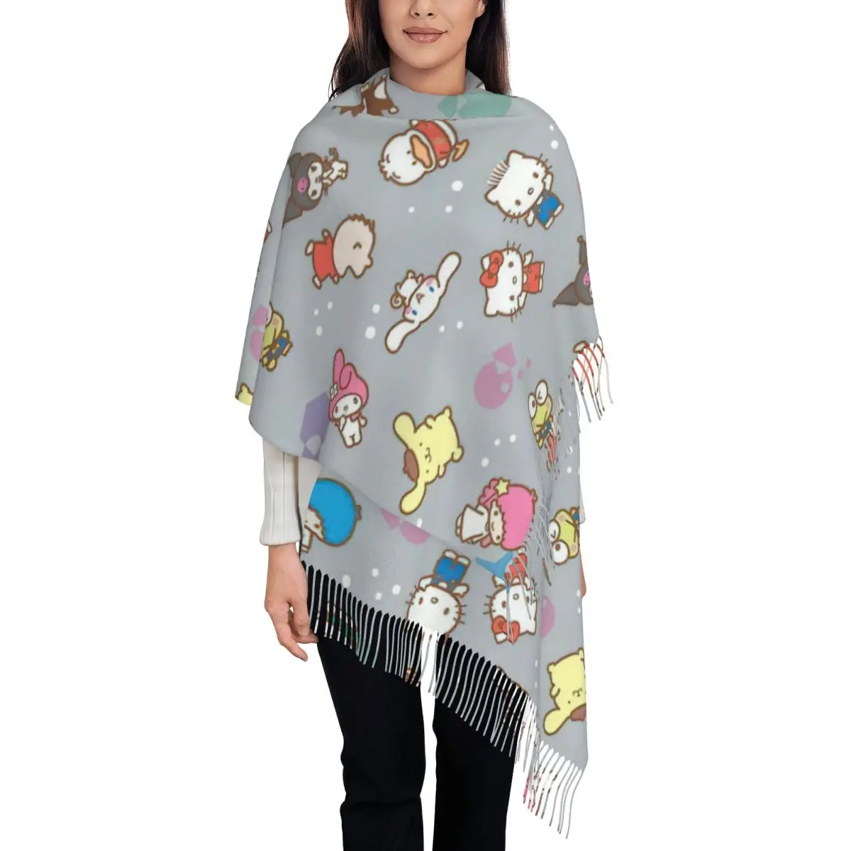 

Pom Pom Purin Hello Kitty Melody Scarf for Women Fall Winter Cashmere Shawl Wrap Cartoon Long Large Scarves with Tassel Ladies