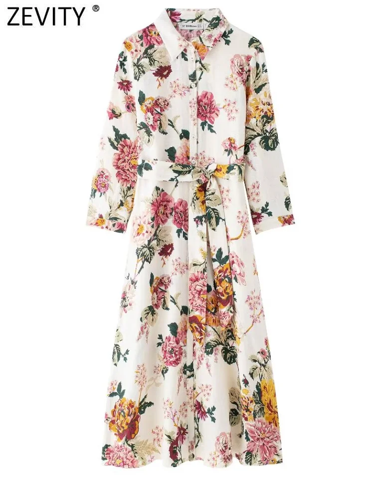 Zevity 2024 New Women Vintage Floral Print Bow Sashes Shirt Midi Dress Female Chic Turn Down Collar Casual Slim Vestidos DS6238