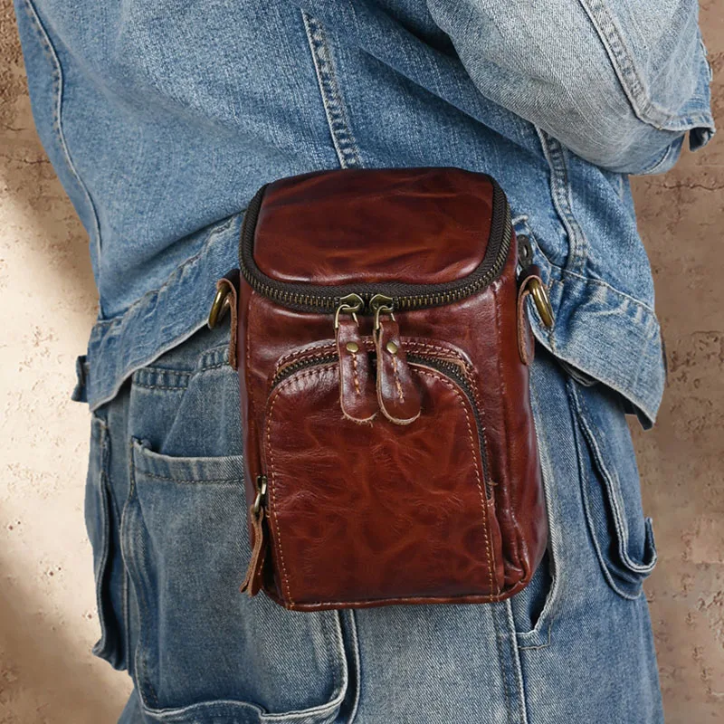 

Vintage Crazy Horse Leather Crossbody Bag Genuine Cowhide Multi-Pocket Mini Shoulder Bags for Men Casual Travel Waist Belt Bag