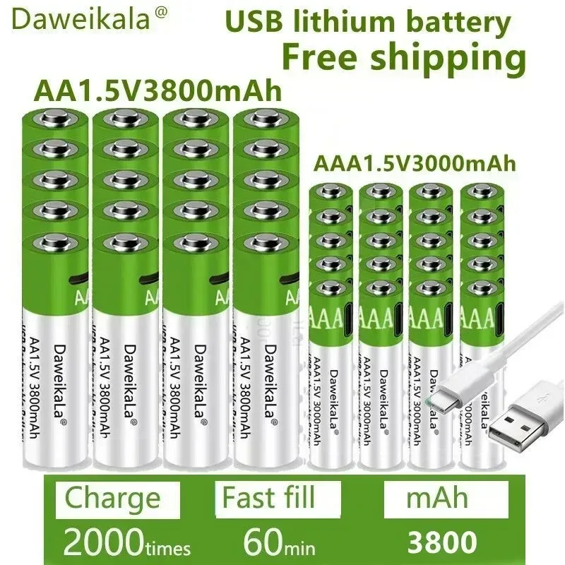 New USB AA 1.5V 3800mah +1.5V AAA 3000mAh Rechargeable Li-Io