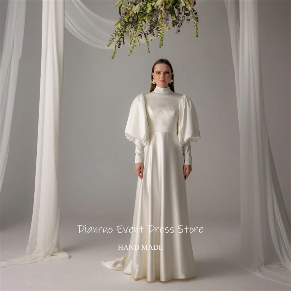 فستان زفاف Dianruo برقبة عالية على شكل حرف A وأكمام بالونية أنيق من فيستدوس بارا موخير ماكسي طول 2025 فستان سهرة مخصص