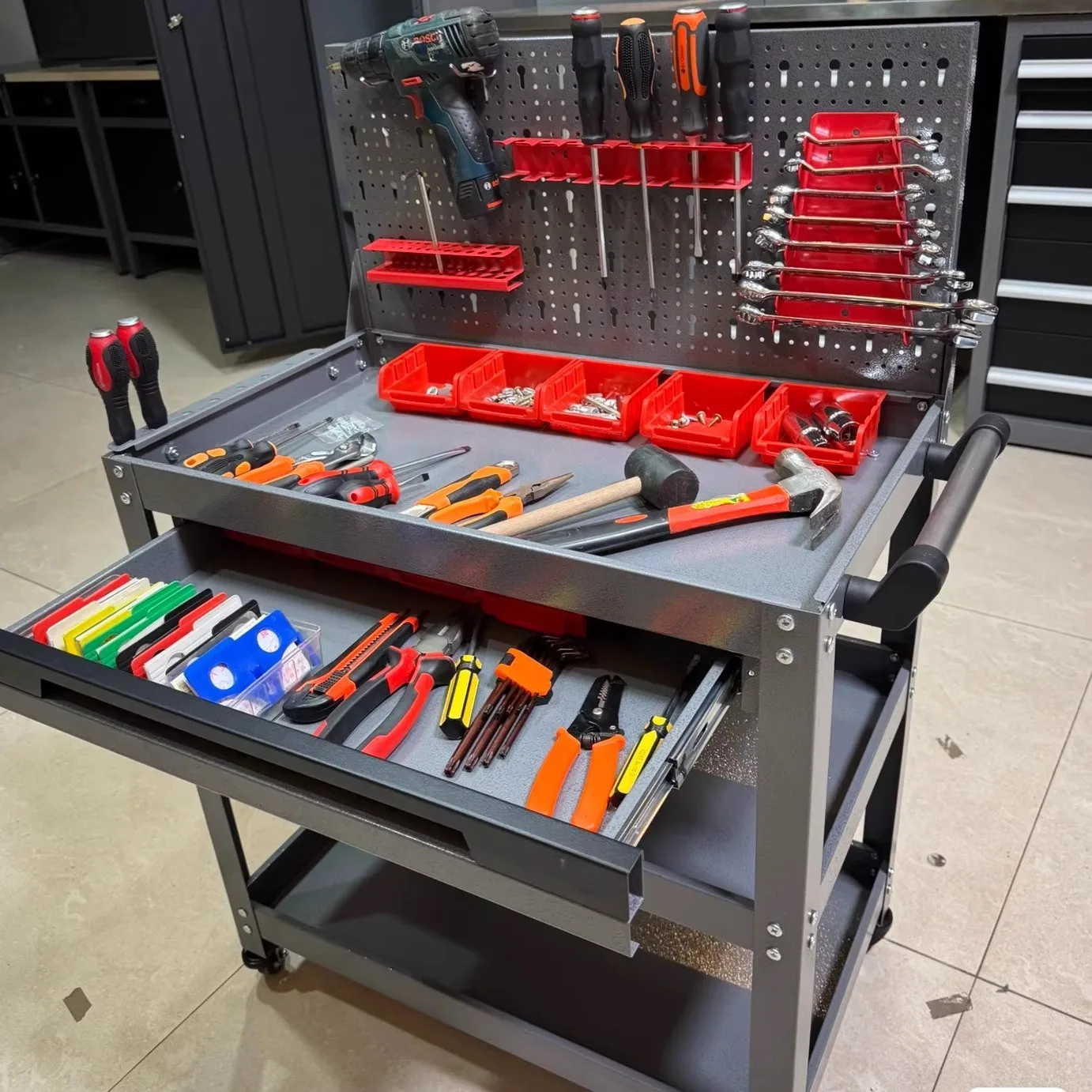Maintenance tool cart Three-layer trolley Mobile multi-function storage cart Multi-action hardware toolbox Send hook