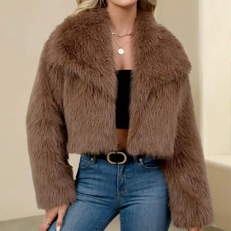 

Y3NE женское утепленное пальто плюшевое пальто укороченное с длинным рукавом с лацканами нечеткая зимняя теплая верхняя одежда