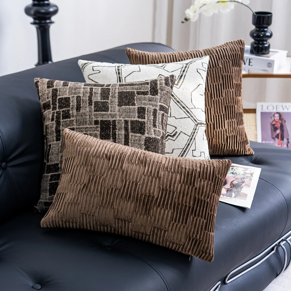Vintage Brown Jacquard Cushion Cover Geometric Textured Throw Pillow Case Luxury Home Decor Sofa Decorative Pillow Cover