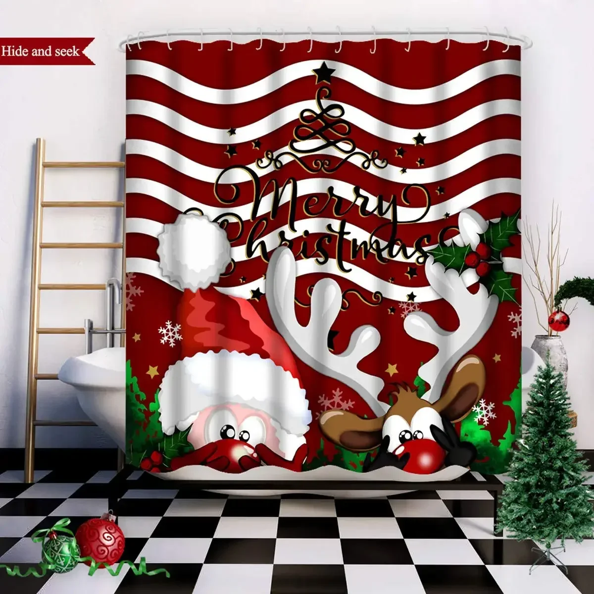 Merry Christmas Shower Curtain Red Reindeer Santa Claus Custom Fashion Hide and Seek Shower Curtain