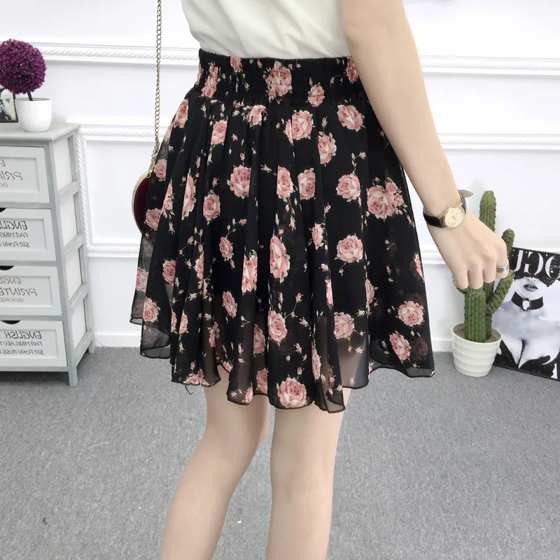 27 Colors Women\'s skirt summer New high waist printed chiffon pleated floral short skirt Safety one word floral mini skirt