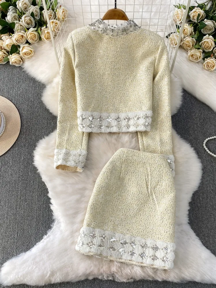 Elegant Office Ladies Beading Sequined Diamond Lace Tweed Jacket Slim Fit High Waist A Line Skirt Women Fashion Two Piece Set