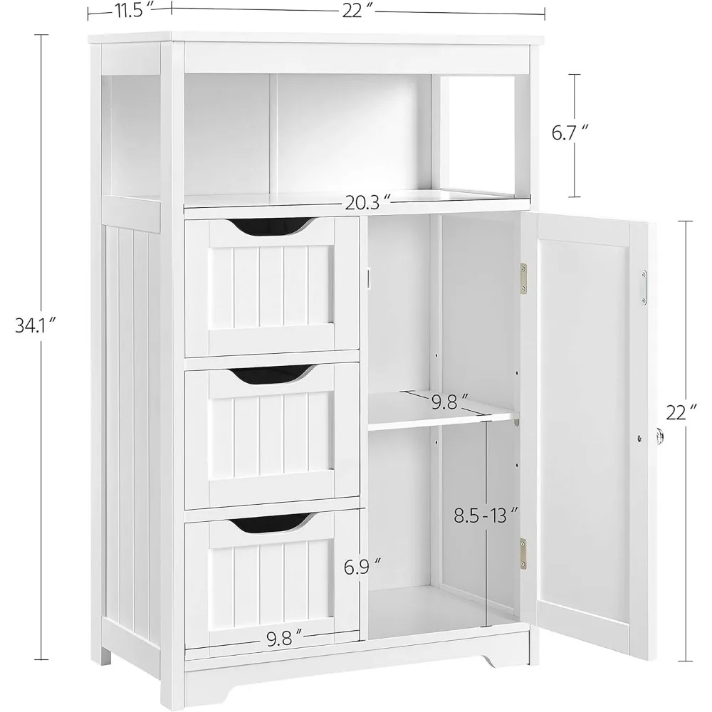 Bathroom Floor Cabinet Wooden Storage Organizer with 1 Door and 3 Drawers, Free-Standing Cupboard