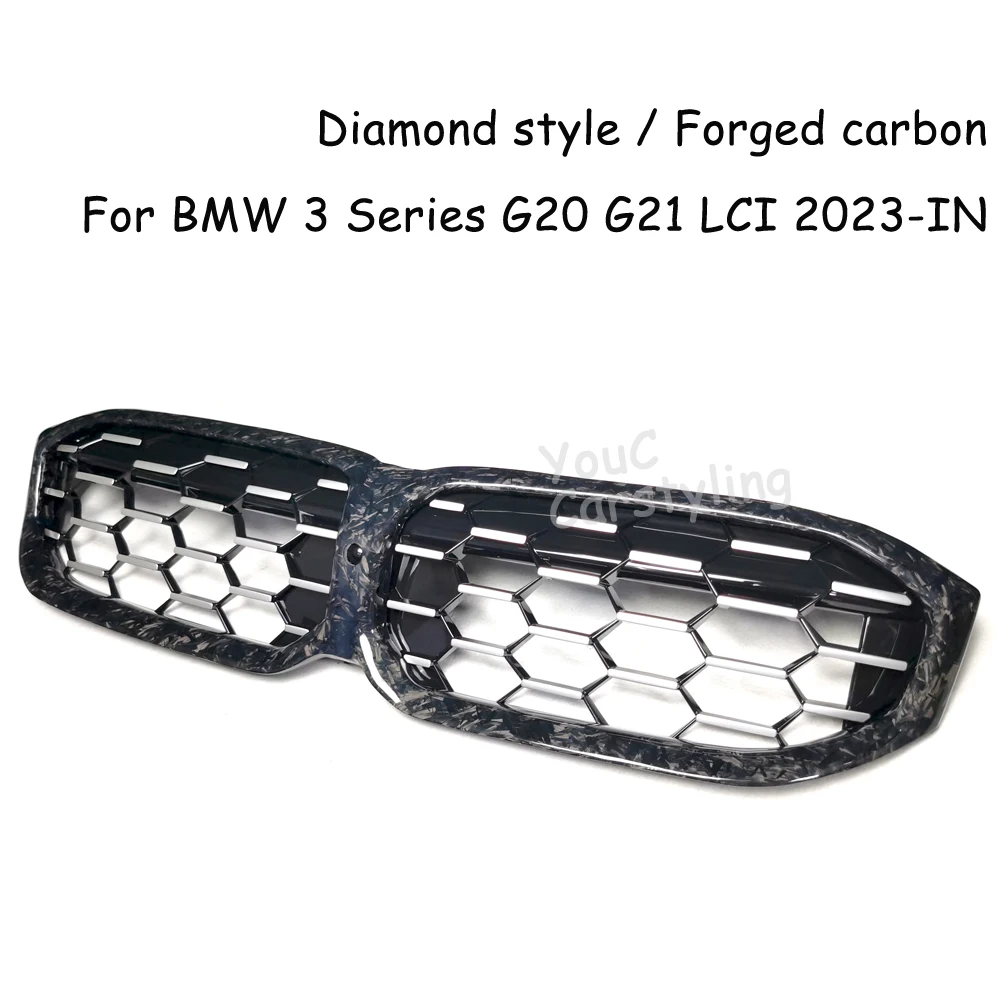 G20 Diamond Forged Carbon Fiber Grille for BMW 3 Series G20 G21 318i 320i 330i M340i 330d M340d Front Replacement Grille LCI 23+