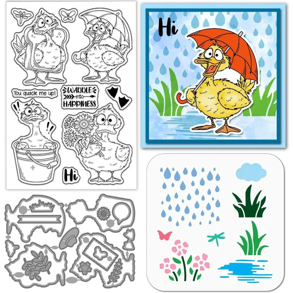 

Прозрачный силиконовый штамп с мультяшной уткой, забавная утка, высечки, цветы, трава и капли дождя, трафареты для рукоделия для изготовления карт