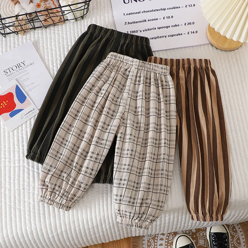 New Summer Kids Casual Pants 1-6Y Simple Boys Grid Sweat Pants Korean Loose Thin Children Striped Letter Trousers