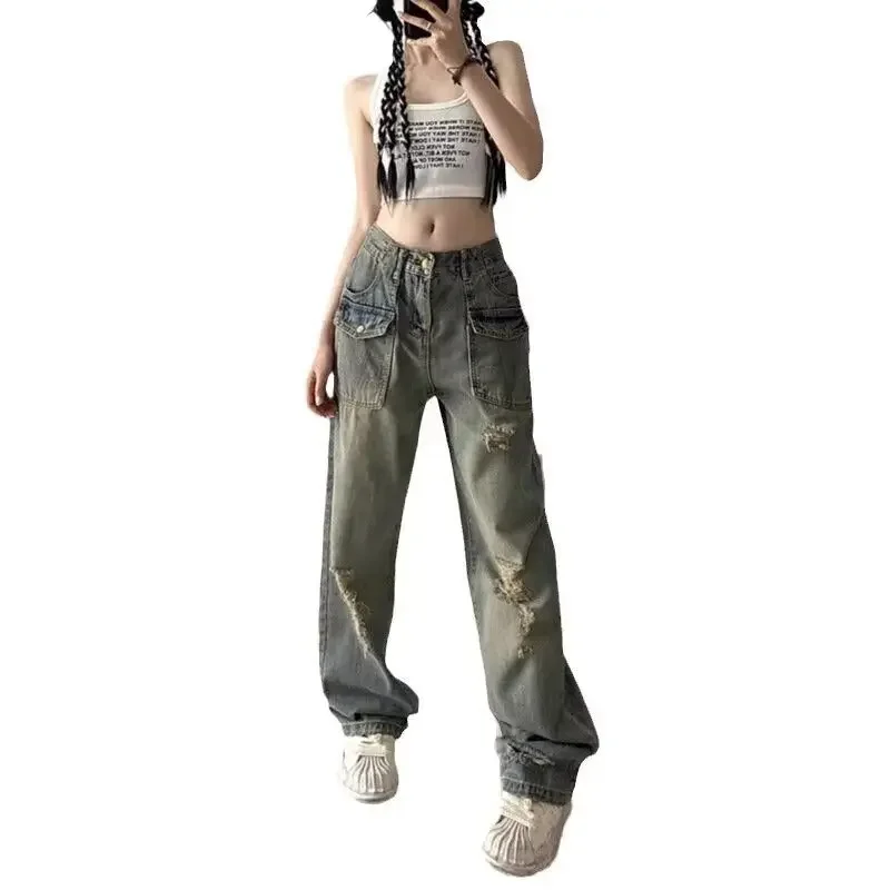 Retro Vintage Gerade Bein Zerrissene Jeans für Frauen 2024 Frühling Sommer Neue Spicy Girl Hohe Taille Lose Bodenlangen Breite Bein Hosen