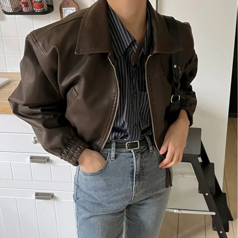 Women's Leather Jaet ort Sle Turn-down Collar Loose Fit Autumn Winter New Arrival Vintage Cool Thiened Long Sve Top