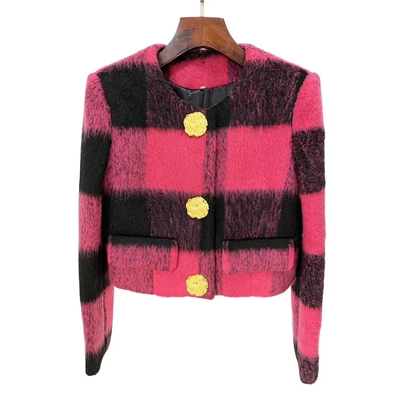 

Elegant O Neck Long Sleeves Jackets for Women Winter Gold Buttons New in Outwears Female Checked Wool Tweed Short Coat Ladies