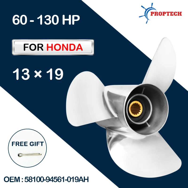 Stainless Steel Outboard Propeller 13 x 19 Fit Honda Engines 60-130 HP 3 Blade No.58100-94561-019AH 15 Spline Tooth