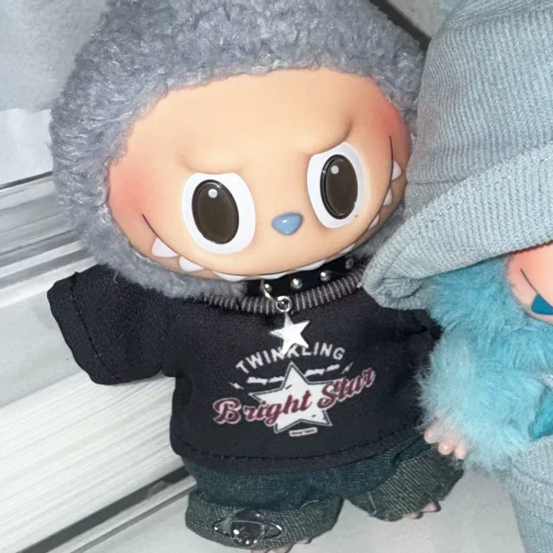 For Labubu Clothes For 15/17cm V1V2V3 Plush Idol Doll Hip Hop T-Shirt Pants Necklace 3PCS/Pack Decoration Accessories Fans Gift