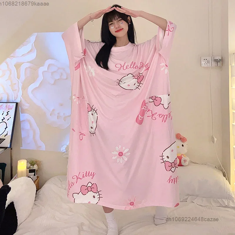 Sanrio Hello Kitty Pink Loose Pajama Dress Women Summer Dresses Cartoon Korean Style Cute Long T-shirts Y2k Female Nightgown