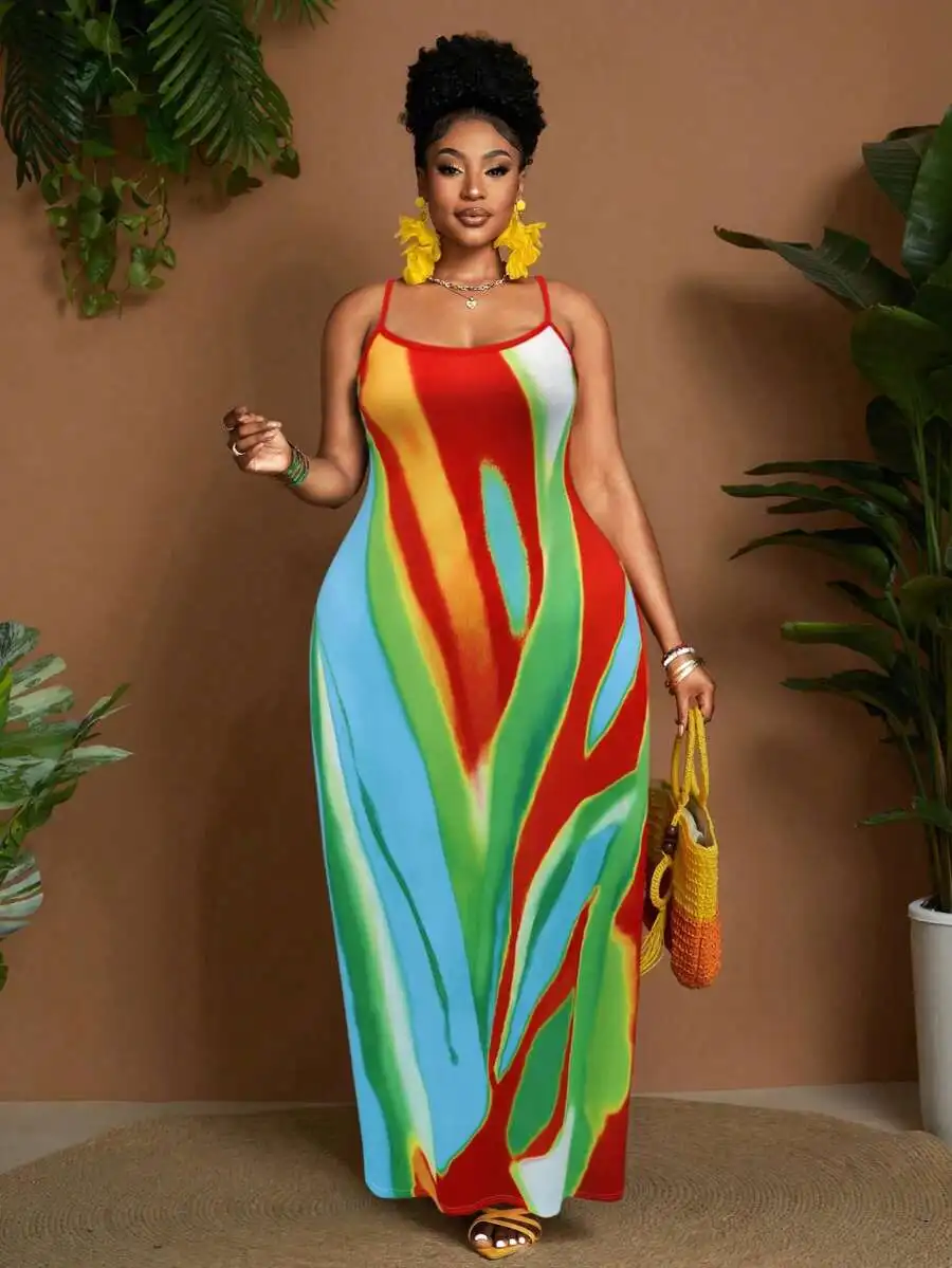 Plus Size Sleeveless Maxi Dress With Abstract Pink Color Block Design view 5