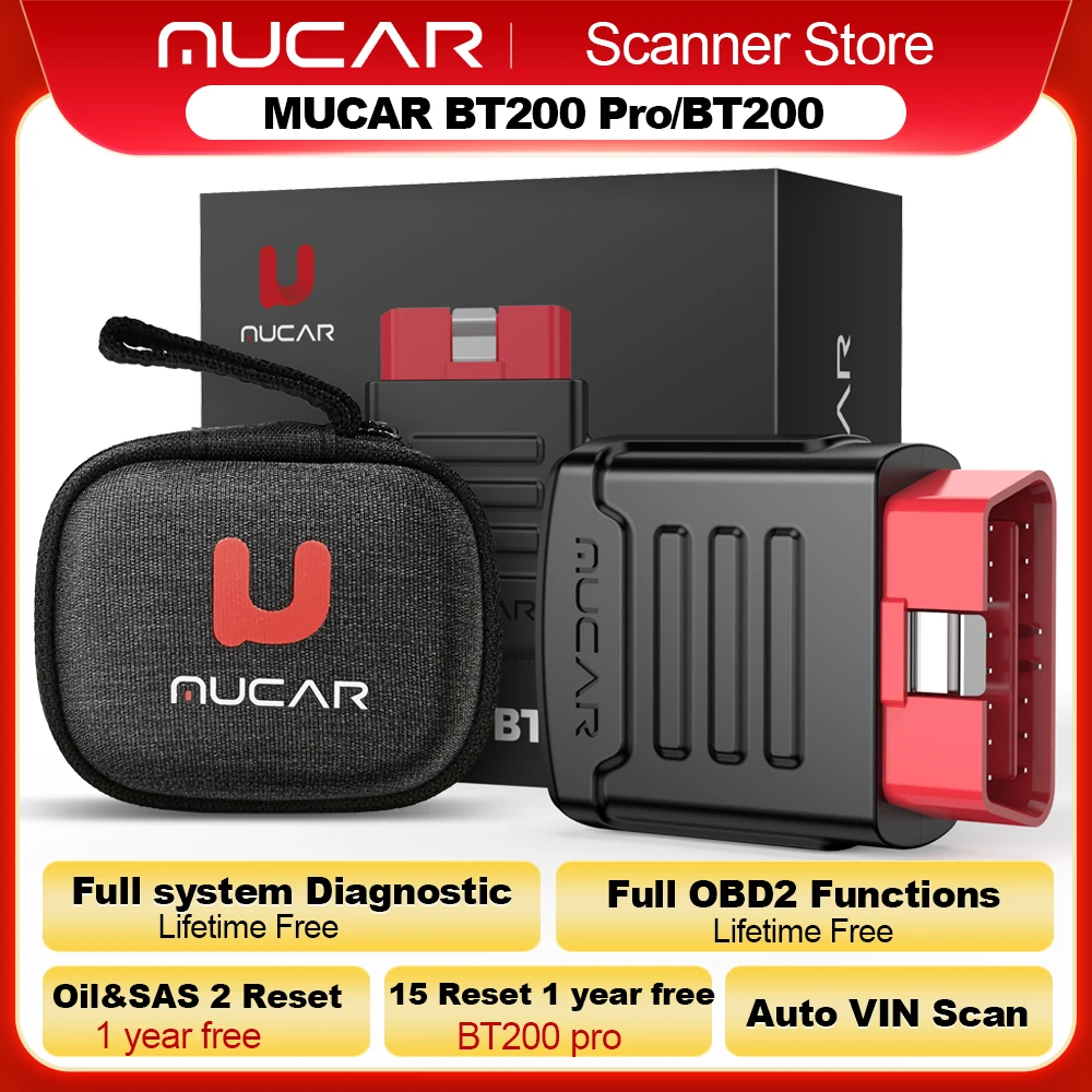 MUCAR BT200/BT200 Pro OBD2 Bluetooth Diagnostic Tool Full System Diagnose Oil SAS 15 Reset OBD 2 Scanner for All Car Code Reader