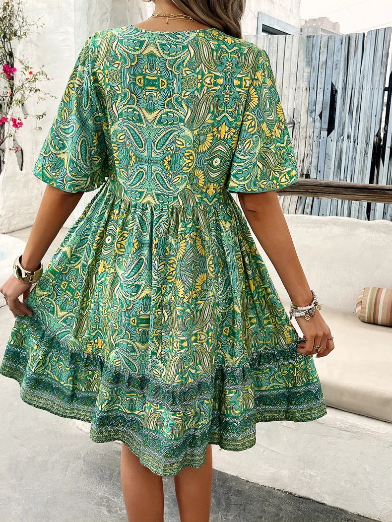 Loose Casual Boho Printed Dress Fashion V-neck Lace Spliced ​​petal Sleeve Midi Dress Spring New Vacation Style Women's Clothing