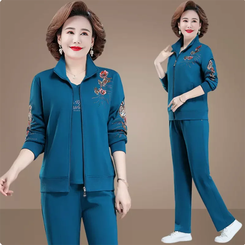 Middle Aged Mother Tracksuits Spring Autumn Casual Embroidered 3 Piece Set Large Size Casual Women Outfit Sportswear Suit L-5XL