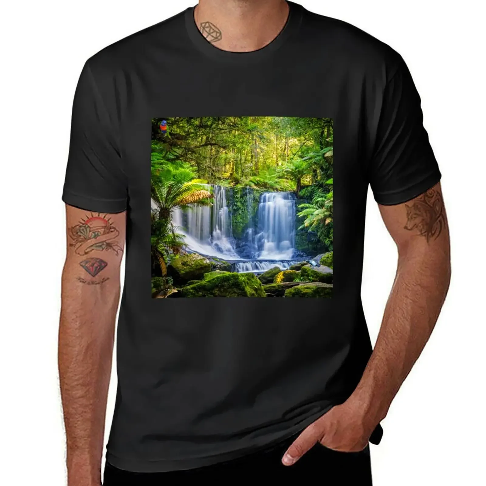 Tropical Exotic Rainforest Green Forest Waterfall T-Shirt anime anime clothes graphics mens t shirt graphic