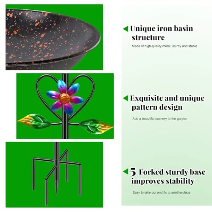 【Spot goods】Vintage Metal Bird Bath for Outside Standing Bird Feerder with Sunflower Love Decoration Detachable Birdbaths Bowl view 4