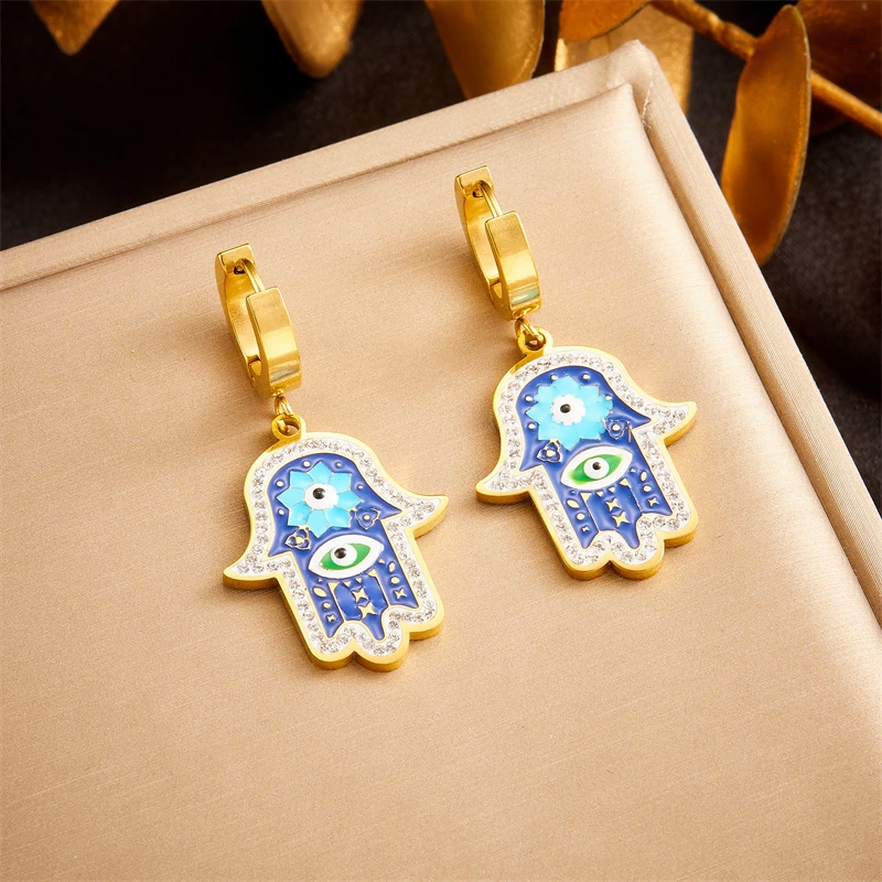 MEYRROYU 316L Stainless Steel Hamasa Hand Zircon Inlay Enamel Pendant Earrings Fashion Lucky Hand Charm Ear Drop Jewelry