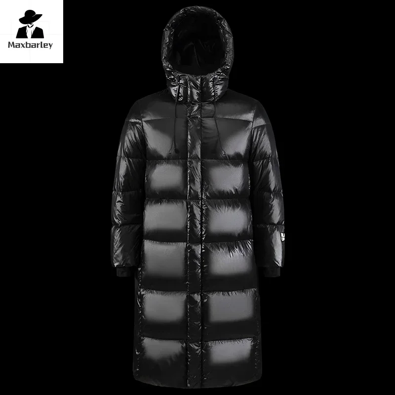 Black Glossy Down Jacket Men's Luxury Thicken Winter Hooded Long White Duck Down Jacket Women Windproof Rainproof Warm Outwear