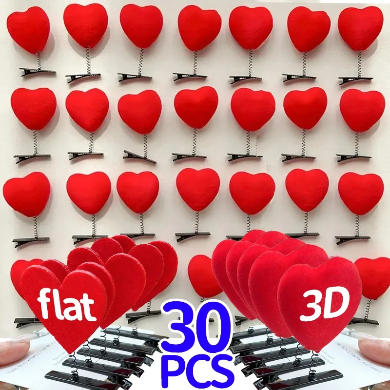 5/30Pcs Mini Red Heart Hair Clips Women Valentine's Day Funny Flocked Coil Spring Duck Bill Hairpin Children Hair Barrettes Gift