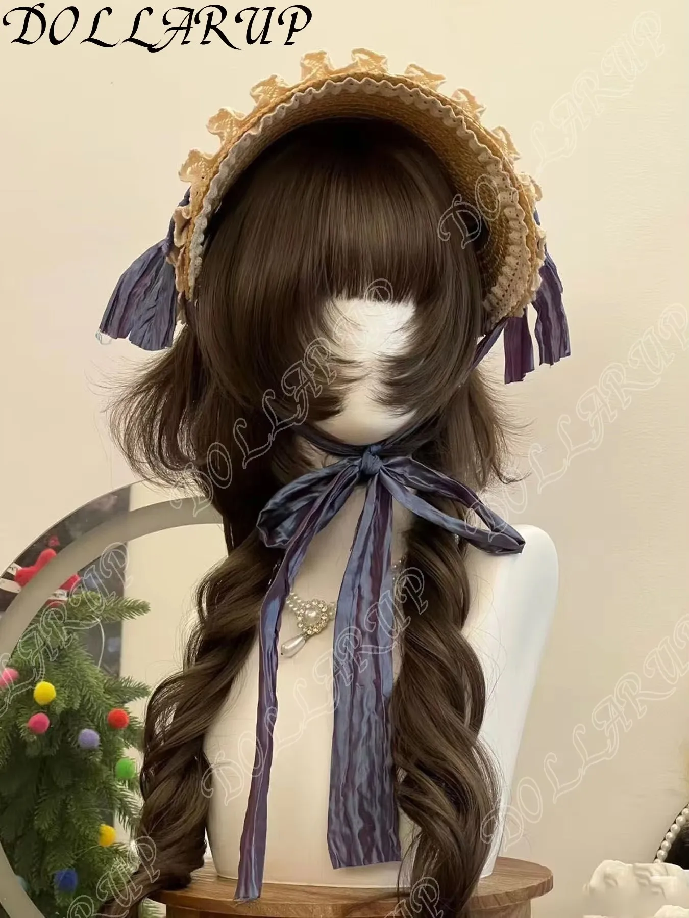 JKL الانفجارات المحطمة مع سوالف بني أسود 50 سنتيمتر ذيل حصان مزدوج طويل مجعد الشعر لوليتا شعر مستعار مع الانفجارات شعر مستعار اصطناعي ل #4