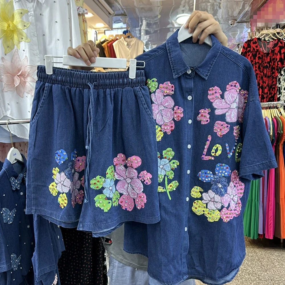 Hot Diamond Printed Letter Short Sleeve Denim Shirt Top + Elastic Waist Denim Shorts Two-piece Set-GZTZ056