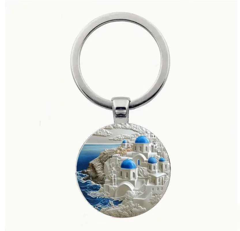 

Santorini-Inspired Keychain with Greek Architecture & Blue Hats Design - Durable Zinc Alloy, Ideal for Daily Use & Gifting on Ho