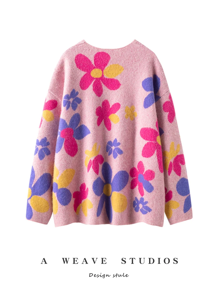

CHICUU Luxury Women's 100% Cashmere Sweater V-neck Flower Jacquard Cardigan Coat Thick Loose Cashmere Knitwear Autumn Winter