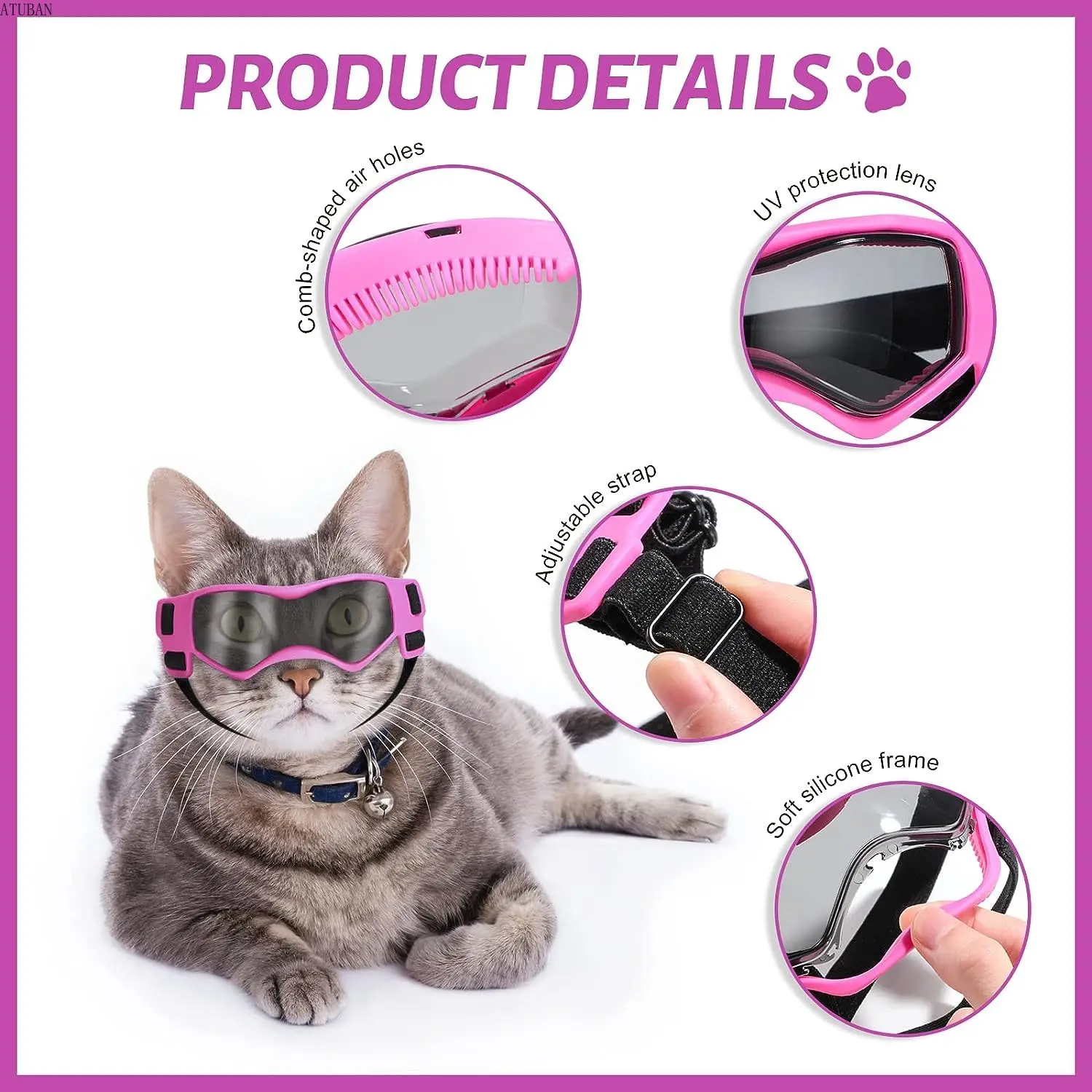 ATUBAN Cat Sunglasses Small Dog Goggles, Comfortable Soft Easy Wear Adjustable Small Pet UV Protection Sunglasses for Cat Kitty