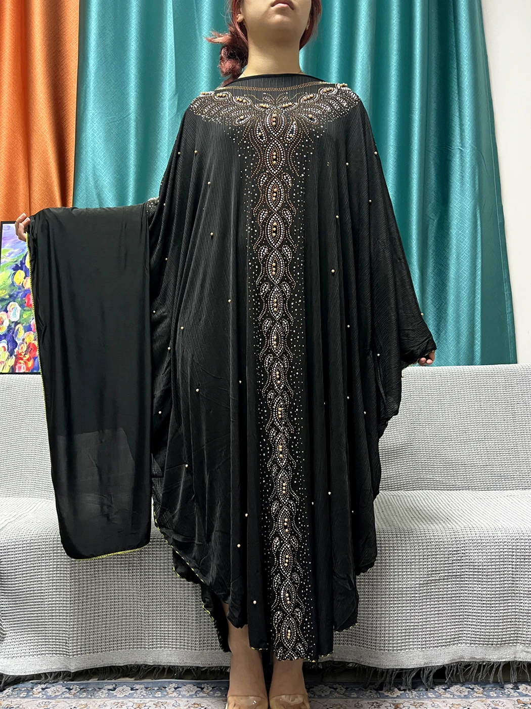 Muslim Ramadan Black Abayas For Women 2023 Dubai Chiffon Diamonds Boubou Loose Femme Robe African Islam Prayer Garment Turban