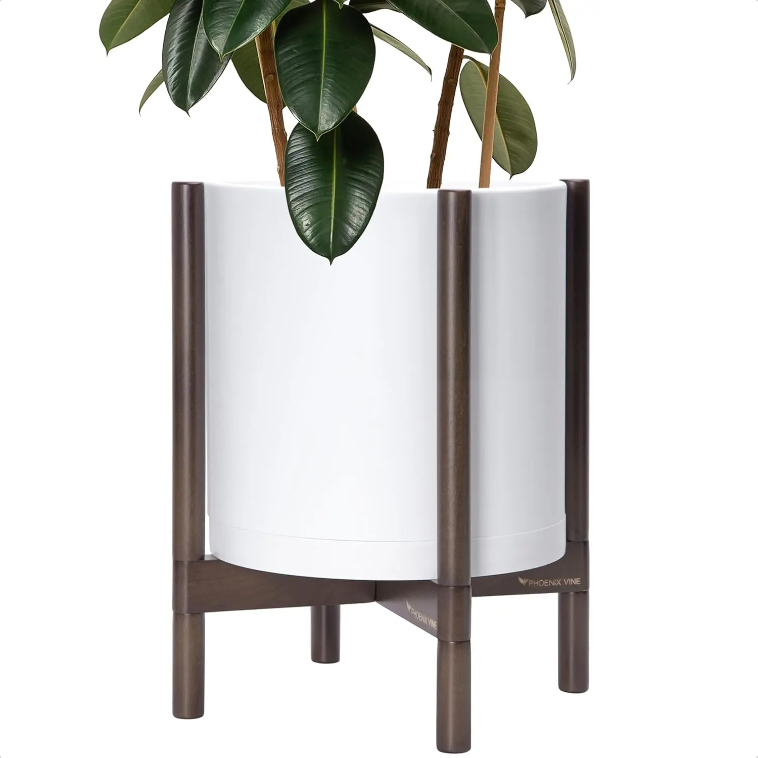 

Dev Planter Pot with Stand - 14 Inch Plastic Cylinder Flower Pot with Wood Planter Holder for Indoor, Matte White Pot