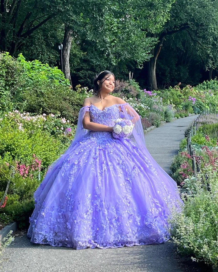 Lorencia-vestido De Quinceañera De México, traje morado con lentejuelas, apliques De flores, dulce 16, YQD59, 2024