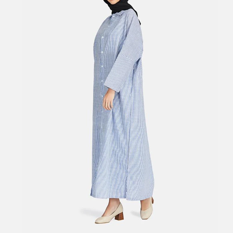 Women\'s Long Dress Cotton Linen Striped Cardigan Open Abaya Oversized Tunic Shirts Lady Casual Kimono Muslim Islamic Fashion